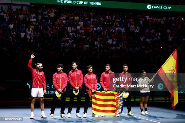 Rafael Nadal, Carlos Alcaraz, Marcel Granollers, David Ferrer, Pedro Martinez and Roberto Bautista Agut of Spain line up for the national anthems...