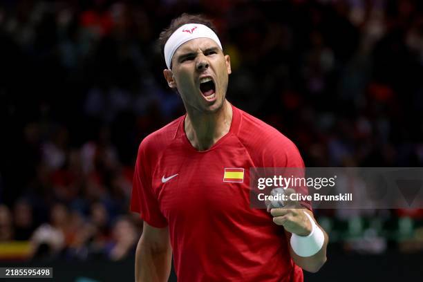 Rafael Nadal of Team Spain celebrates a point in his singles match against Botic van de Zandschulp of Team Netherlands in the quarterfinal tie...