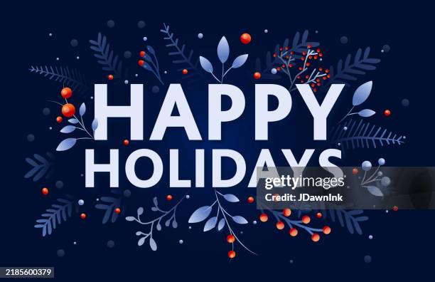 illustrazioni stock, clip art, cartoni animati e icone di tendenza di modello di design per biglietto d'auguri happy holidays con rami e fiori disegnati a mano - buone vacanze frase breve