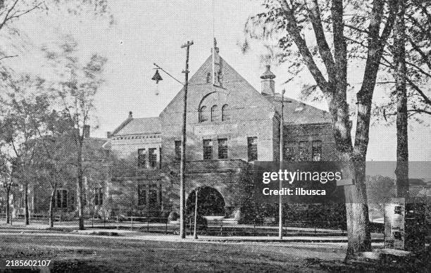 antique image of worcester and surroundings, massachusetts: clinton, high school - high school building outside stock illustrations