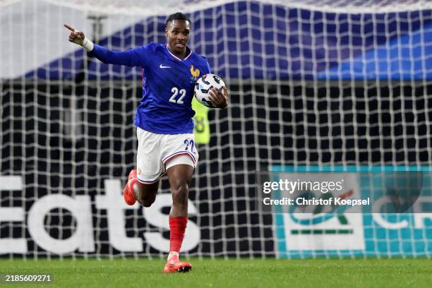 Mathys Tel of France celebrates the second goal during the friendly match between France U21 and Germany U21 at Stade du Hainaut on November 19, 2024...