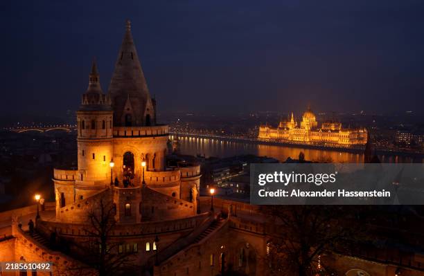General view of Fisherman's Bastion and the Hungarian Parliament Building, seen prior to the UEFA Nations League 2024/25 League A Group A3 match...
