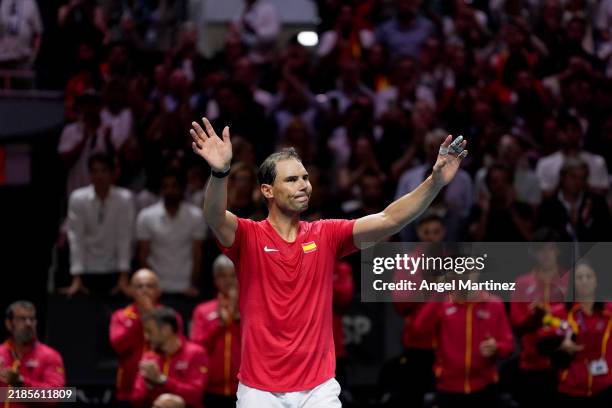 Rafael Nadal of Team Spain waves to the fans after loosing his singles match against Botic van de Zandschulp of Team Netherlands in the quarterfinal...