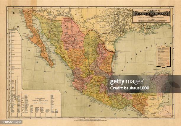 historical map of the country of mexico, published in 1885.estados unidos mexicanos - mexico stock illustrations