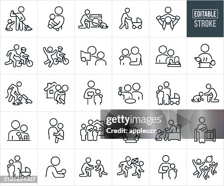 Nanny And Child Care Thin Line Icons - Editable Stroke - Icons include Nanny's Doing Housework, Child Care Worker Taking Care of Children, Meal Prep, Cooking, Cleaning, Babysitting, Chores, Relationships, Nurture Nanny And Child Care Thin Line Icons - Editable Stroke - Icons include Nanny's Doing Housework, Child Care Worker Taking Care of Children, Meal Prep, Cooking, Cleaning, Babysitting, Chores, Relationships, Nurture