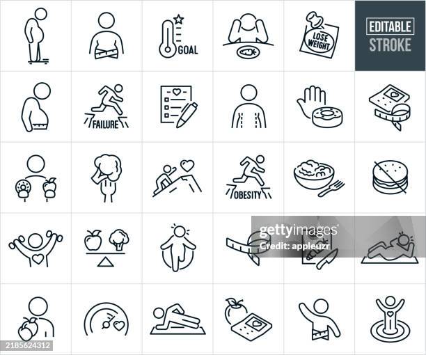 stockillustraties, clipart, cartoons en iconen met diet and exercise thin line icons - editable stroke - icons include people dieting, overweight people, obesity, healthy eating, exercise, weight loss, weight loss goal, people losing weight, healthy people - gezond eten