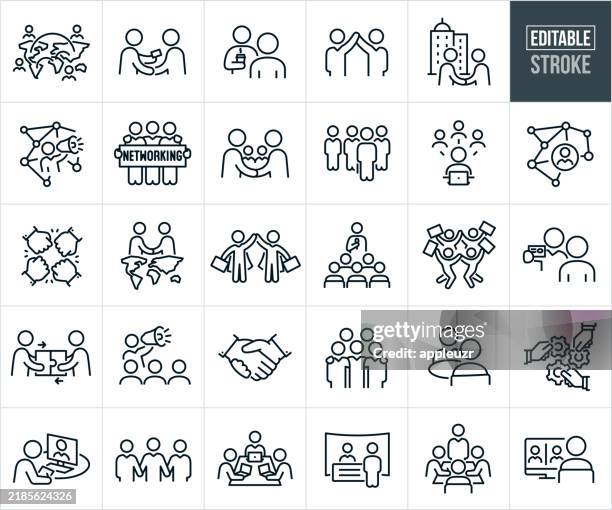 stockillustraties, clipart, cartoons en iconen met business networking thin line icons - editable stroke - icons include business people networking, business people forming partnerships, business teamwork, business teams, business deals - bezoek