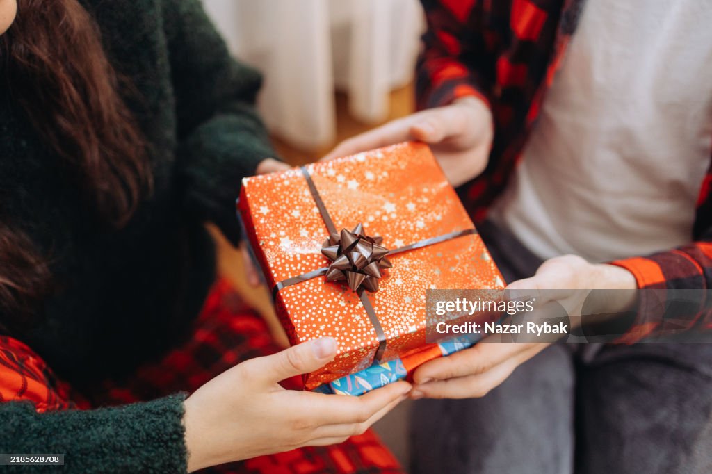 The Christmas present in the couple's hands, close-up view