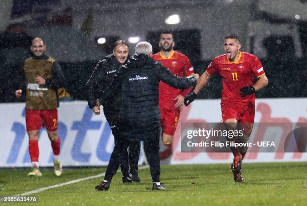 Nikola Krstovic of Montenegro celebrates after scoring his team's third goal to complete his hat-trick during the UEFA Nations League 2024/25 League...
