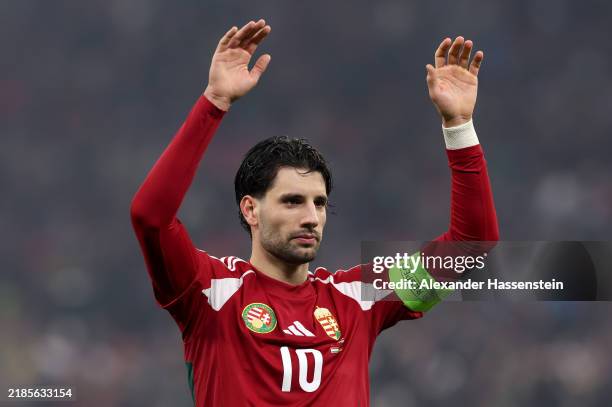 Dominik Szoboszlai of Hungary celebrates after scoring his team's first goal from the penalty spot during the UEFA Nations League 2024/25 League A...