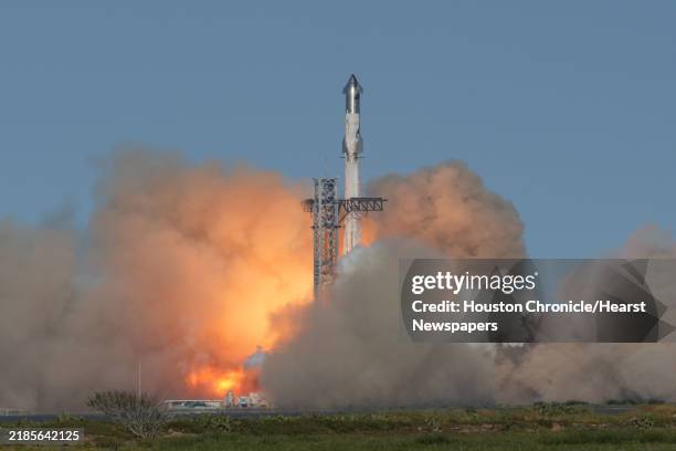 SpaceXs Starship spacecraft and Super Heavy booster rocket lift off during a test flight Tuesday, Nov. 19 at Starbase in Boca Chica.