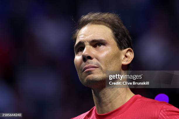 Rafael Nadal of Team Spain gets emotional while watching a video on the giants screens during his farewell after Spain being knocked out on the...
