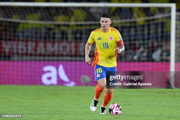 James Rodriguez of Colombia controls the ball during the South American FIFA World Cup 2026 Qualifier match between Colombia and Ecuador at Roberto...