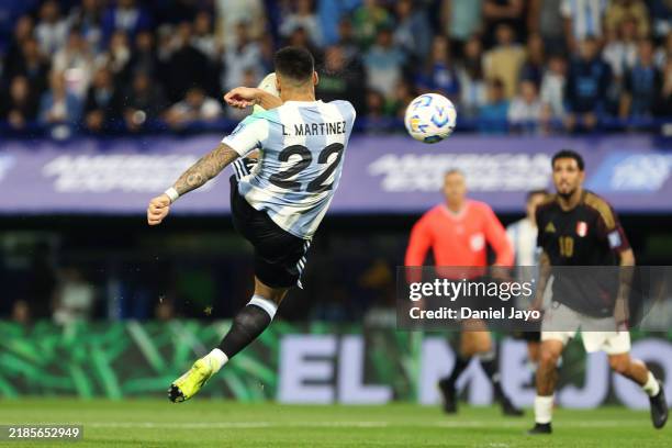 Lautaro Martinez of Argentina scores the team's first goal during the South American FIFA World Cup 2026 Qualifier match between Argentina and Peru...