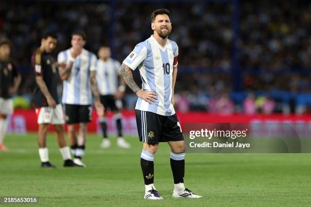Lionel Messi of Argentina reacts during the South American FIFA World Cup 2026 Qualifier match between Argentina and Peru at Estadio Alberto J....