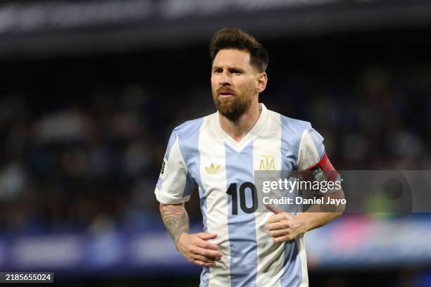 Lionel Messi of Argentina reacts during the South American FIFA World Cup 2026 Qualifier match between Argentina and Peru at Estadio Alberto J....