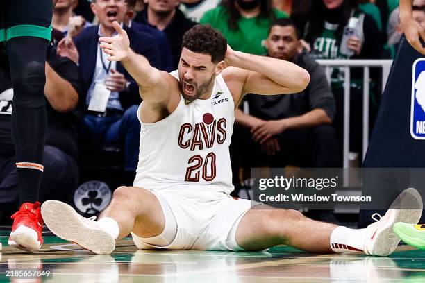 Georges Niang of the Cleveland Cavaliers reacts after an offensive foul by Jayson Tatum of the Boston Celtics during the third quarter of the...
