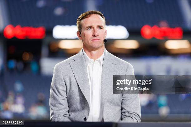 Drew Brees of ESPN Monday Night Countdown on set before the game between the Miami Dolphins and the Los Angeles Rams at SoFi Stadium on November 11,...