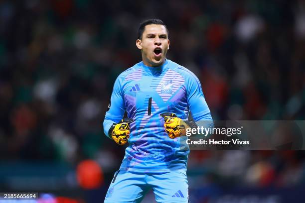Luis Malagon of Mexico celebrates after the team's first goal during the CONCACAF Nations League match between Mexico and Honduras at Nemesio Diez...