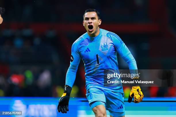 Luis Malagon of Mexico celebrates the team's second goal scored by Henry Martin of Mexico during the CONCACAF Nations League match between Mexico and...