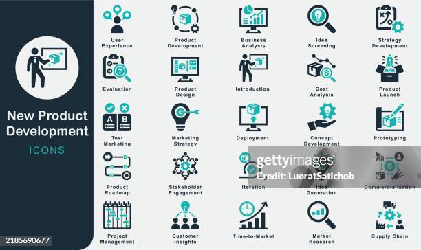 new product development solid icons collection.containing ideageneration, idea screening, concept development, strategy development, product development, test marketing, commercialization, evaluation - releasing stock illustrations