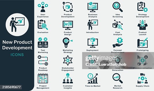 New Product Development solid icons collection.Containing IdeaGeneration, Idea Screening, Concept Development, Strategy Development, Product Development, Test Marketing, Commercialization, Evaluation New Product Development solid icons collection.Containing IdeaGeneration, Idea Screening, Concept Development, Strategy Development, Product Development, Test Marketing, Commercialization, Evaluation