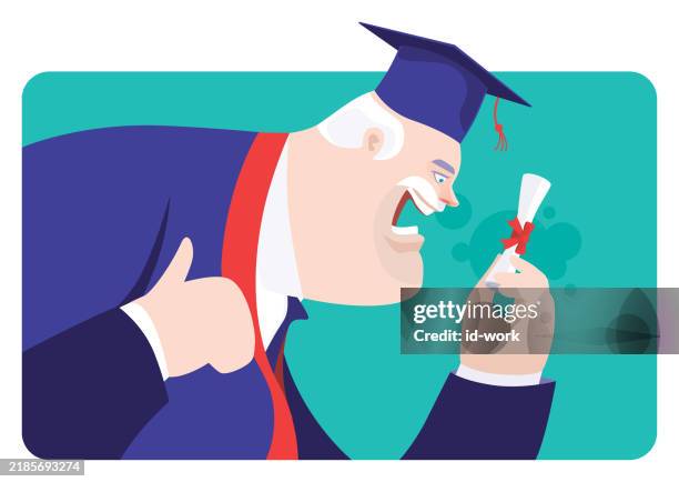 illustrations, cliparts, dessins animés et icônes de diplômé senior heureux tenant son diplôme et acclamations - humour rentrée scolaire