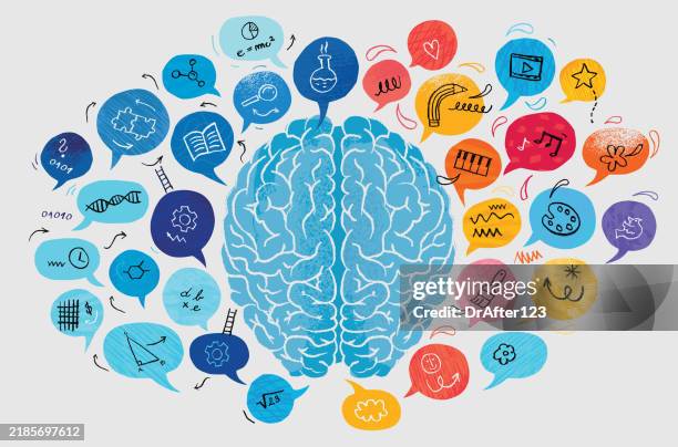 ilustraciones, imágenes clip art, dibujos animados e iconos de stock de concepto de hemisferios cerebrales izquierdos vs derechos - cerebro