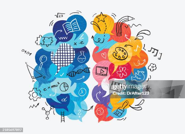 illustrazioni stock, clip art, cartoni animati e icone di tendenza di cervello sinistro vs cervello destro - creatività