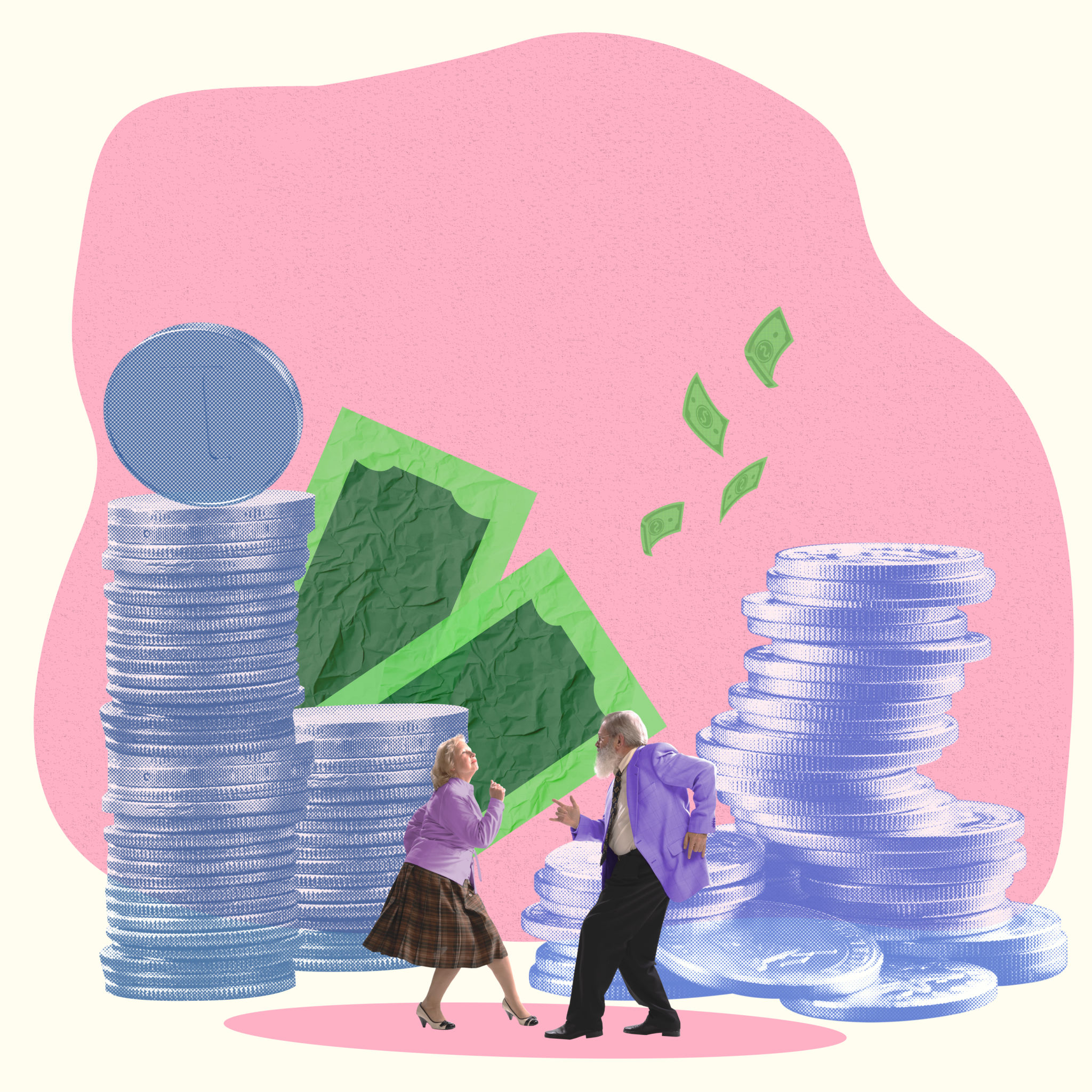 Elderly couple joyfully dancing between stacks of coins and cash, symbolizing successful retirement planning and financial security. Contemporary art collage. Elderly couple joyfully dancing between stacks of coins and cash, symbolizing successful retirement planning and financial security. Contemporary art collage.