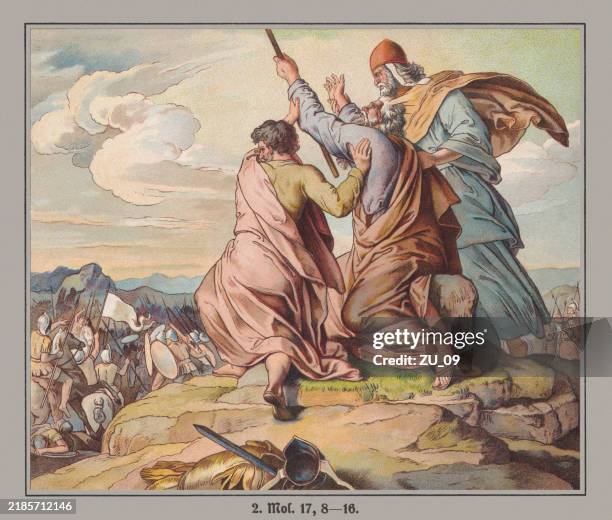 israel's victory over the amalekites, chromolithograph, published ca. 1880 - moses stock illustrations