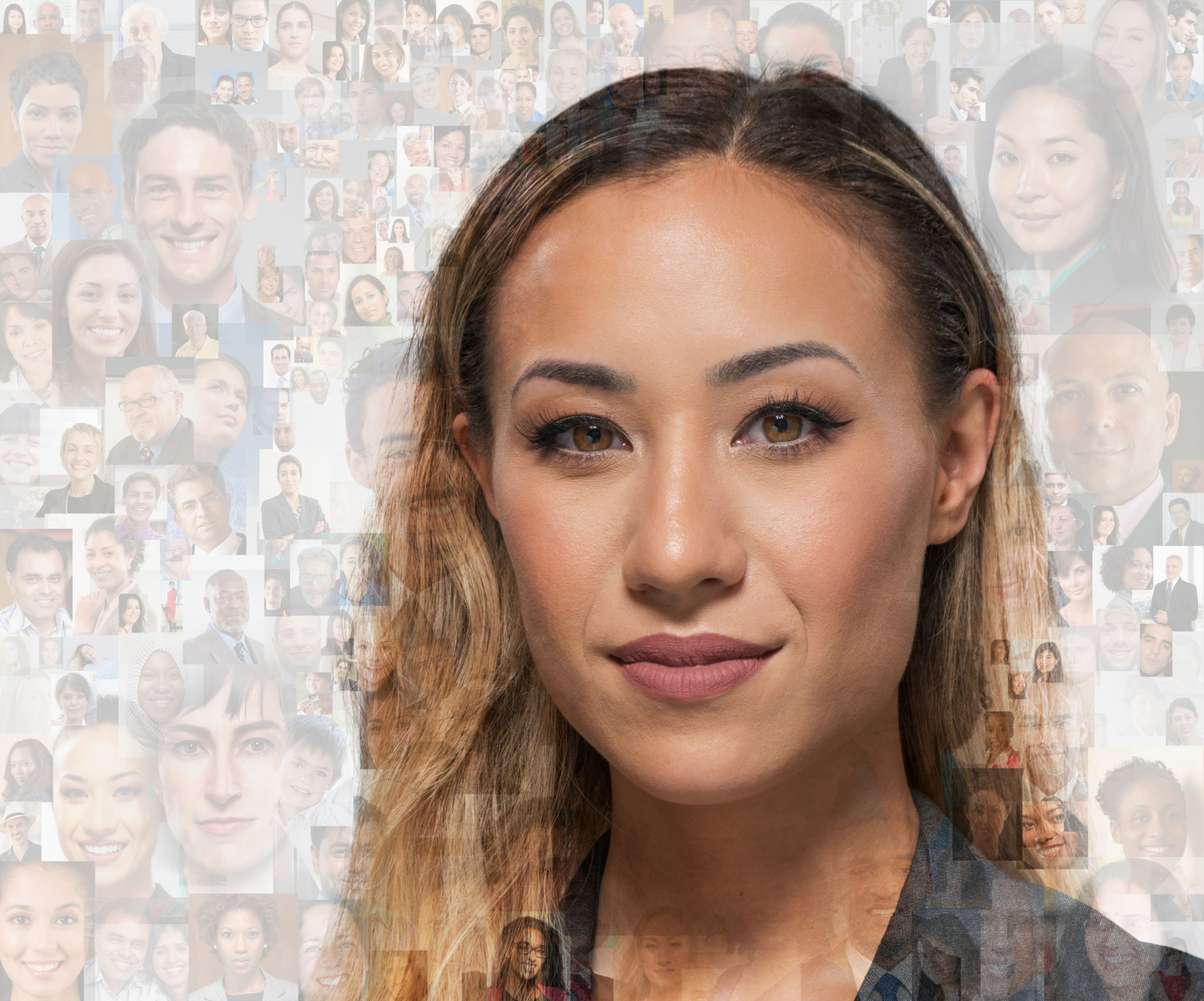 Portrait of Asian businesswoman with image montage behind Portrait of Asian businesswoman with image montage behind