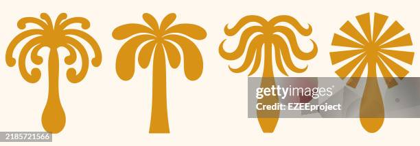 golden palm tree silhouettes collection. minimalist palm tree icons set. decorative palm tree design elements. stylized palm trees vector collection. - coconut palm tree stock illustrations
