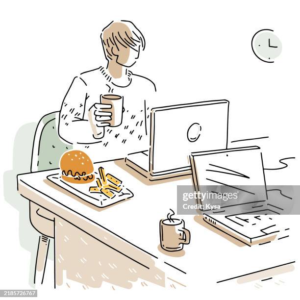 lunch break with work - fast food employee stock illustrations