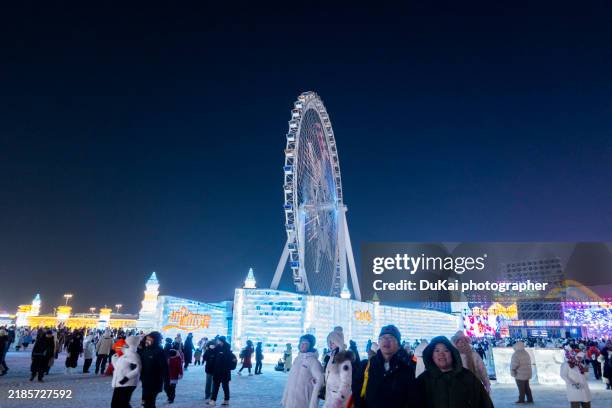 high view of harbin ice festival at night - asian games stock pictures, royalty-free photos & images