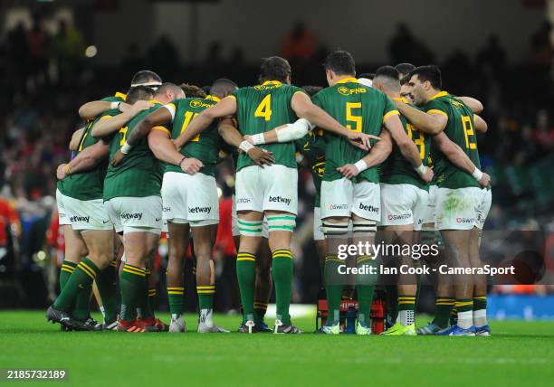 South Africa have a team talk prior to kick off during the Autumn Nations Series 2024 match between Wales and South Africa at Principality Stadium on...