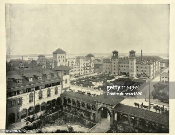 the alcazar and cordova, ponce de laon, st augustine, florida, 19th century, vintage photograph - spanish-colonial-architecture stock illustrations