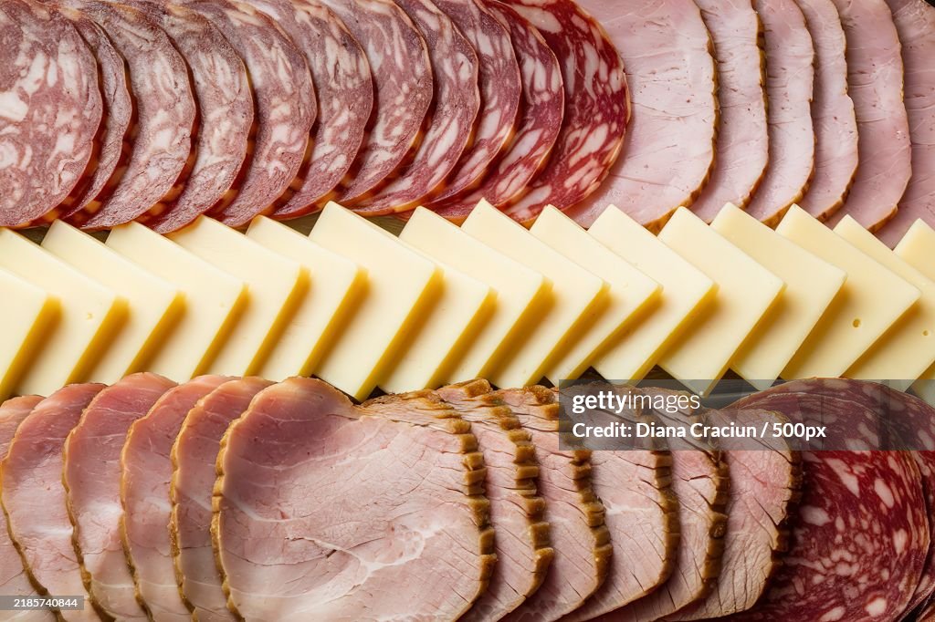 A medium shot of a plate with a variety of meat and cheese delicacies