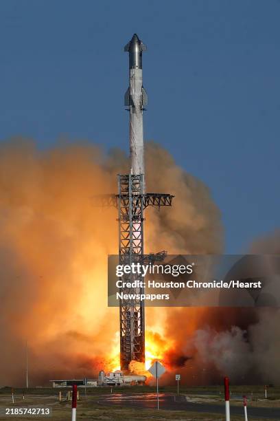 SpaceXs Starship spacecraft and Super Heavy booster rocket lift off during a test flight Tuesday, Nov. 19 at Starbase in Boca Chica.