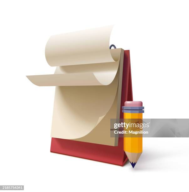 realistic desk calendar with blank pages and yellow pencil for note-taking and scheduling, vector illustration - yellow pages overhead stock illustrations