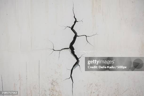 a photo of a white wall with a prominent,jagged crack running vertically - shattered stone stock pictures, royalty-free photos & images