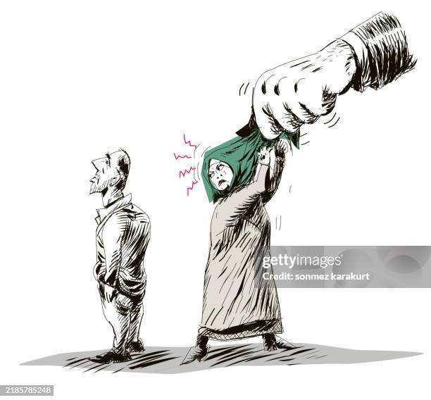 authority interferes with headscarf - extremism stock illustrations