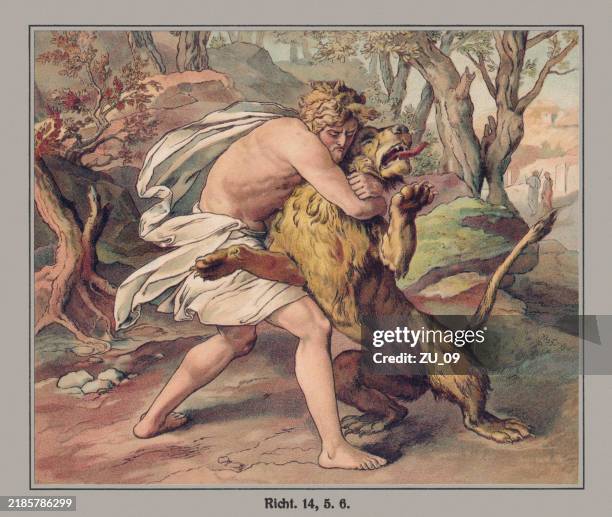 ilustraciones, imágenes clip art, dibujos animados e iconos de stock de la lucha de sansón con el león, cromolitografía, publicada hacia 1880 - lion-fight-drawing