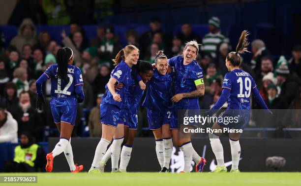 Lucy Bronze of Chelsea celebrates scoring her team's first goal with teammates Sjoeke Nusken , Oriane Jean-Francois and Millie Bright during the UEFA...