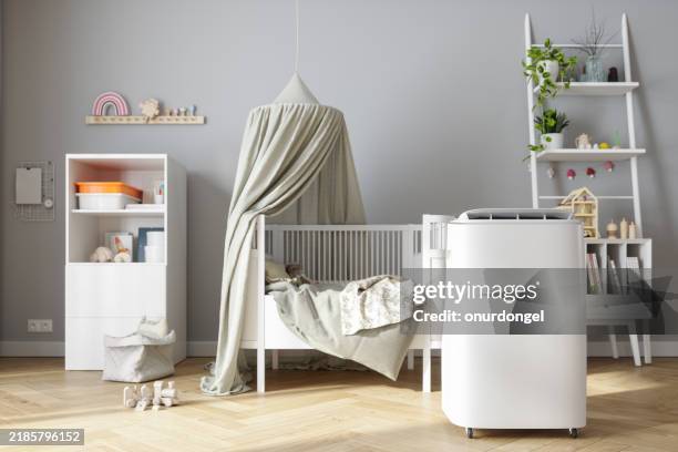 close-up of air conditioner in modern baby room - air purifier stock pictures, royalty-free photos & images