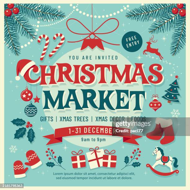 illustrazioni stock, clip art, cartoni animati e icone di tendenza di invito al mercatino di natale con decorazioni natalizie. - mercatino di natale