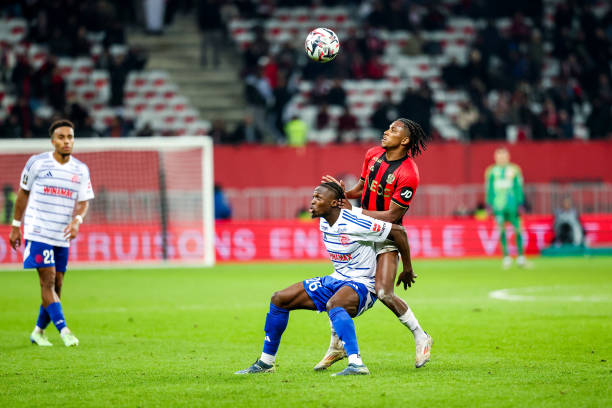 Dilane BAKWA of Strasbourg and Hicham BOUDAOUI of Nice during the Ligue 1 McDonald's match between Nice and Strasbourg at Allianz Riviera Stadium on...