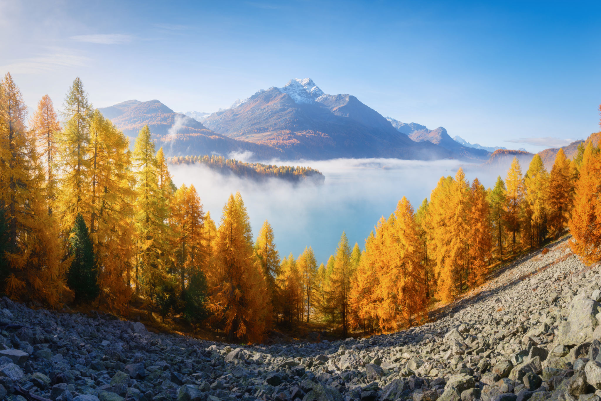 Autumn landscape in Switzerland. Sunrise in the mountains. Fog and fall forest. Incredible view of the mountain valley. Photo for background, wallpaper, postcards. Autumn landscape in Switzerland. Sunrise in the mountains. Fog and fall forest. Incredible view of the mountain valley. Photo for background, wallpaper, postcards.