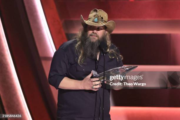Chris Stapleton accepts the Male Vocalist of the Year Award onstage during The 58th Annual CMA Awards at Bridgestone Arena on November 20, 2024 in...