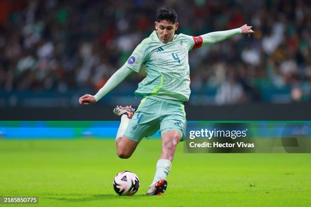 Edson Alvarez of Mexico kicks the ball during the CONCACAF Nations League match between Mexico and Honduras at Nemesio Diez Stadium on November 19,...